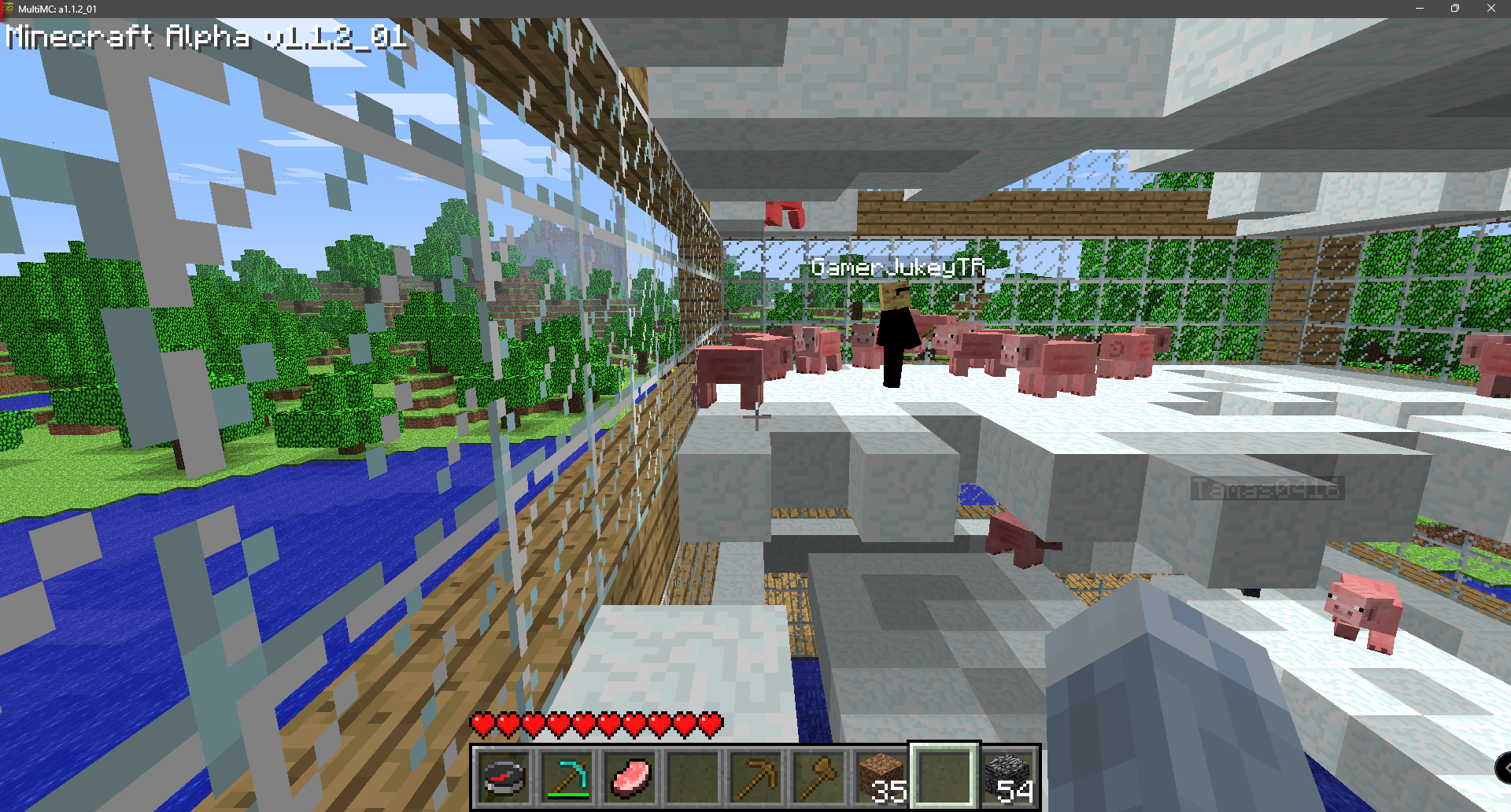 Players and pigs inside the Spleef arena