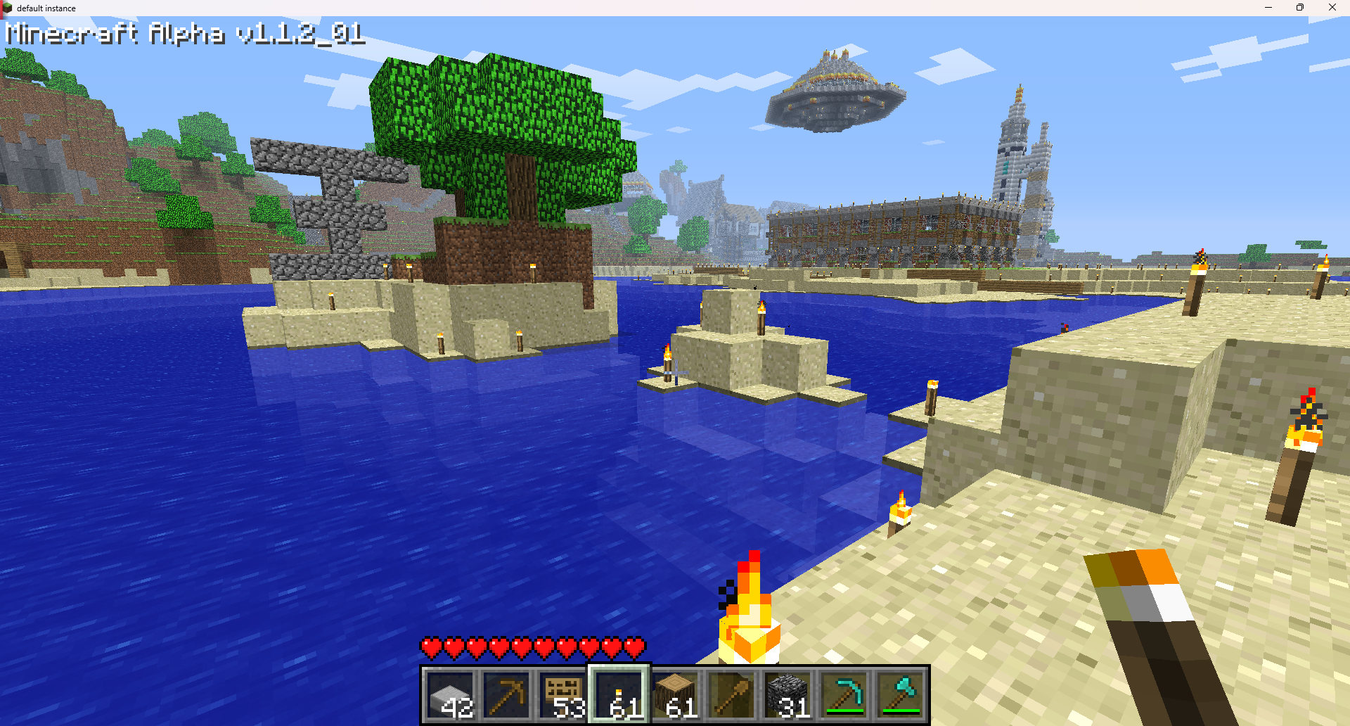 Server spawn and builds viewed from across the water