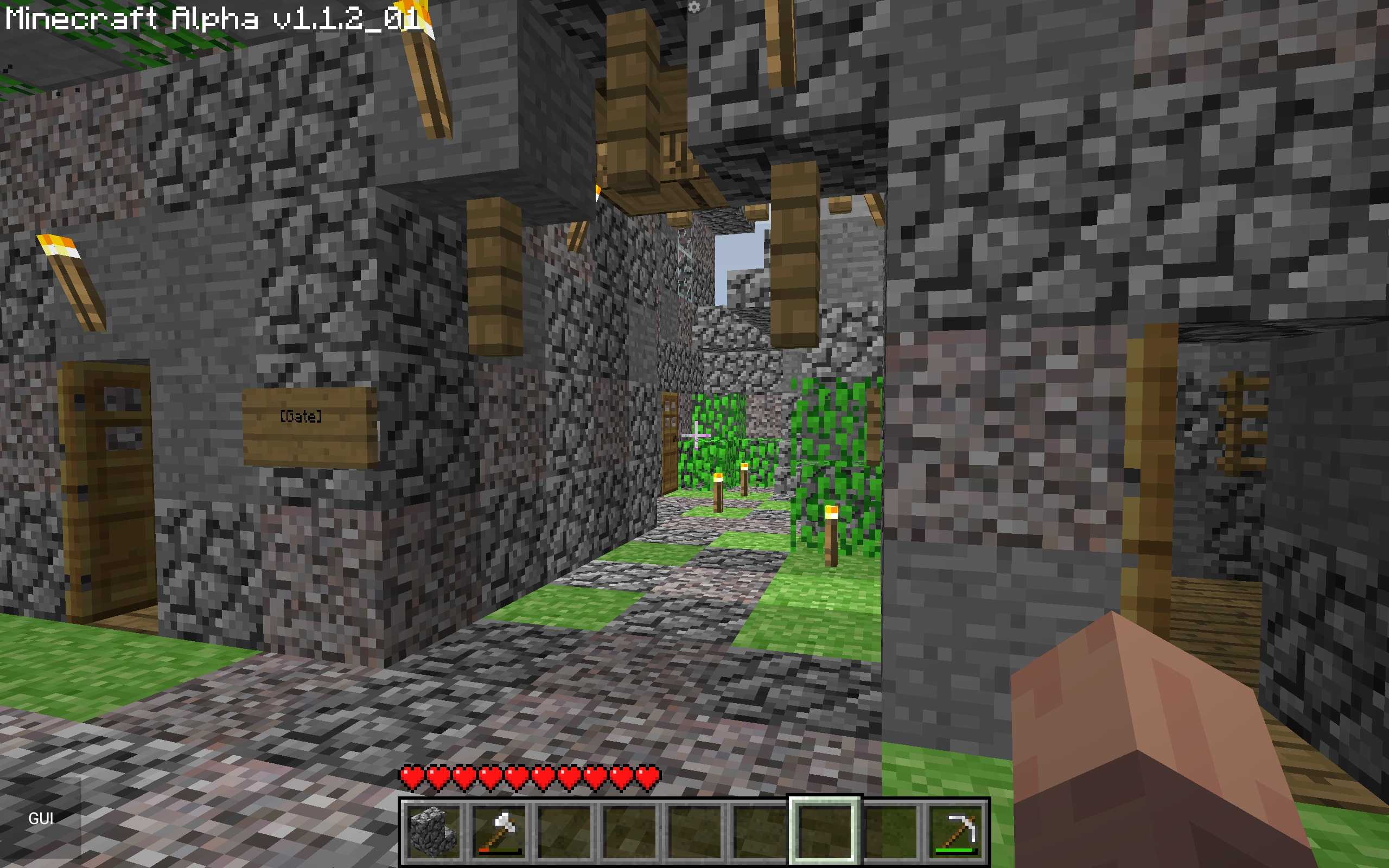 A narrow street between classic Minecraft buildings